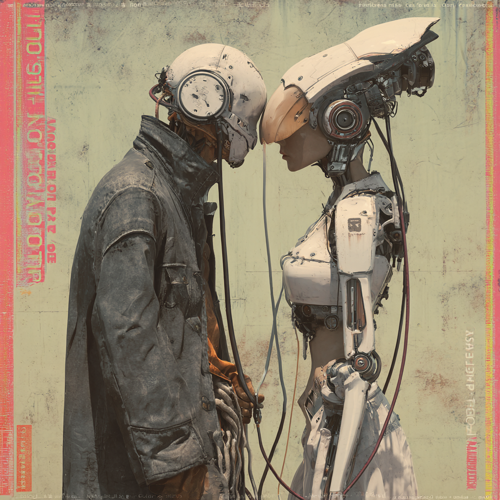 Recovered contact-page art of a human and an android facing one another.