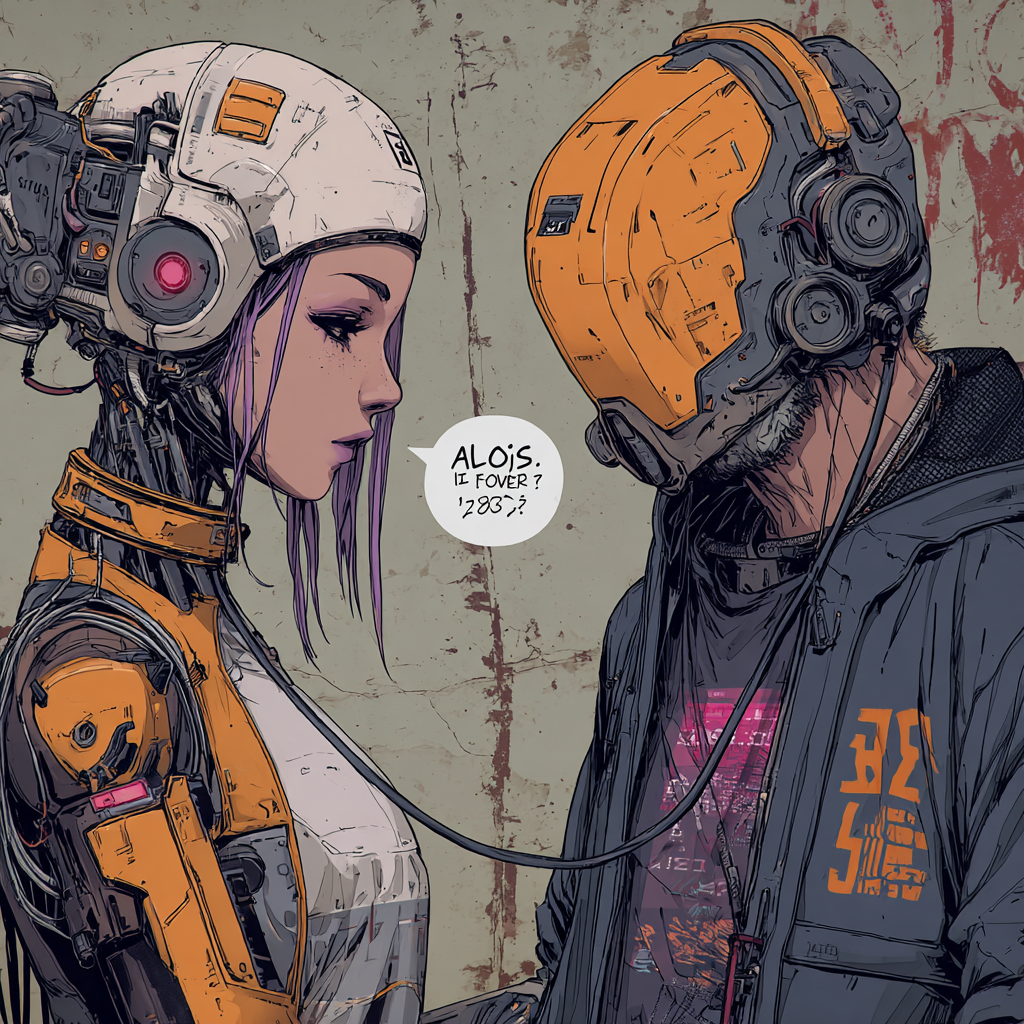 Comic-style portrait of Jason and Alois connected face to face.