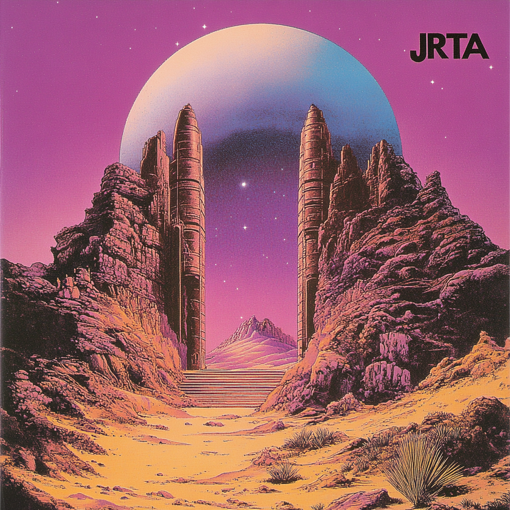 JRTA album artwork showing a monumental gateway in a magenta desert landscape.