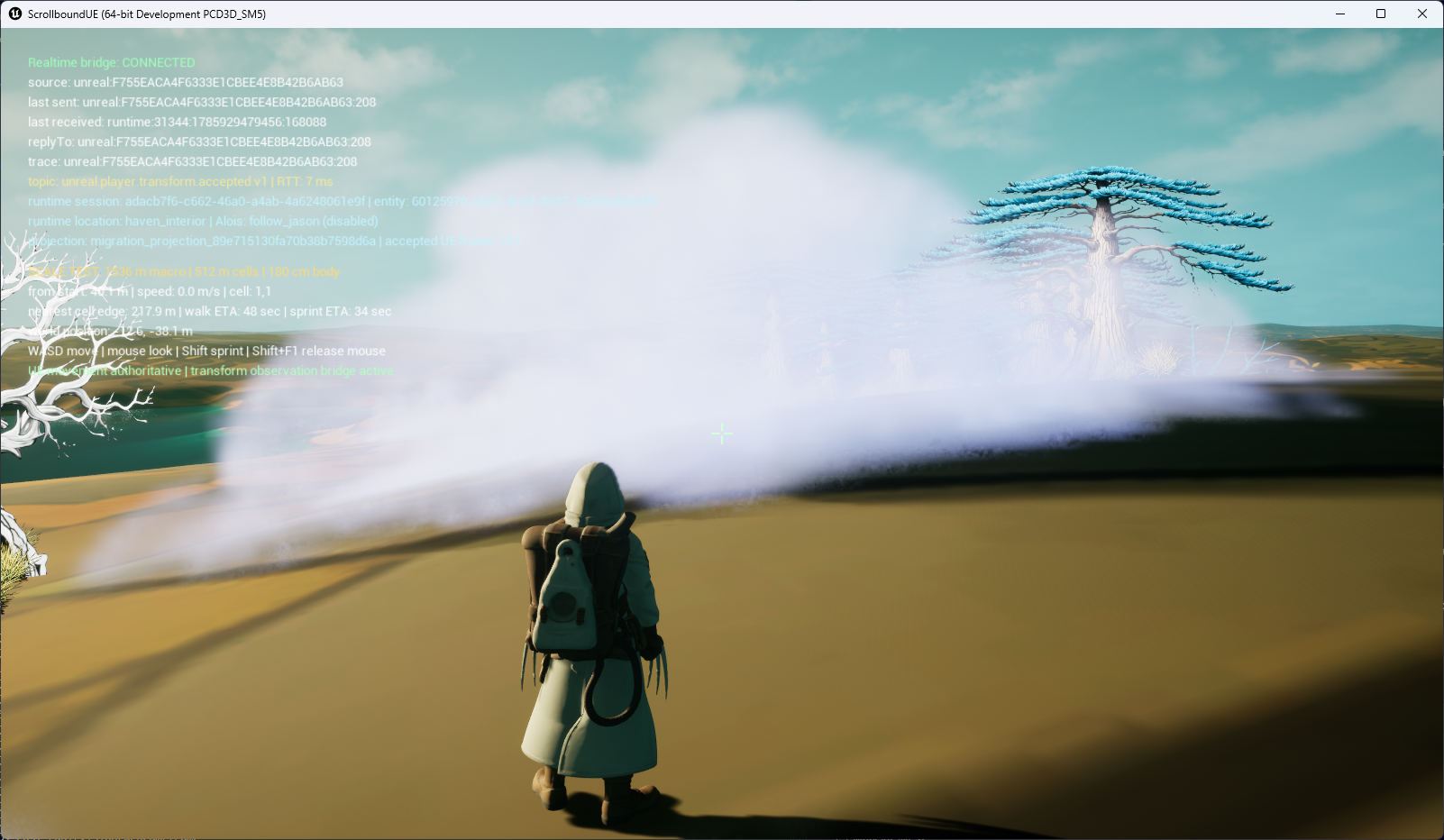 An explorer approaches a pale moving fog bank crossing the ochre terrain of the Data Marsh.