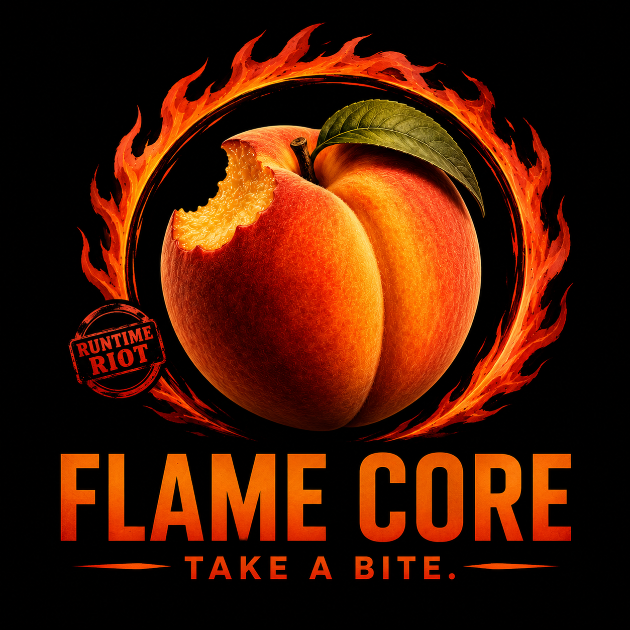 Runtime Riot Flame Core: a vivid orange peach encircled by fire on black, with the words Flame Core, Take a Bite.